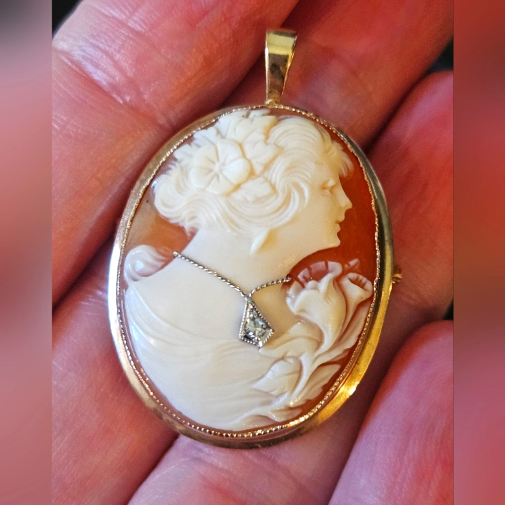 Antique 10K Real Diamond Cameo Brooch or Pendant
